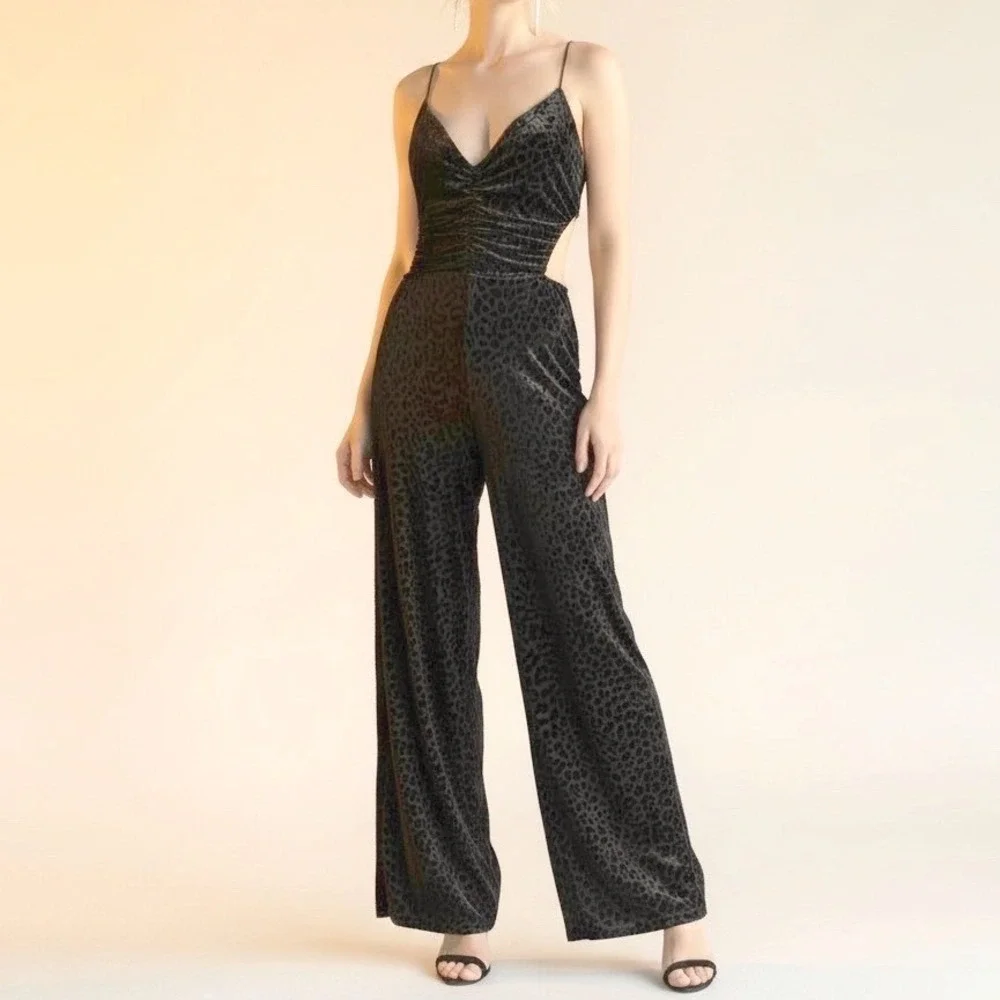 Strappy Cut-Out Velvet Jumpsuit Women S Black Wide Leg Leopard Chic Glam Sexy